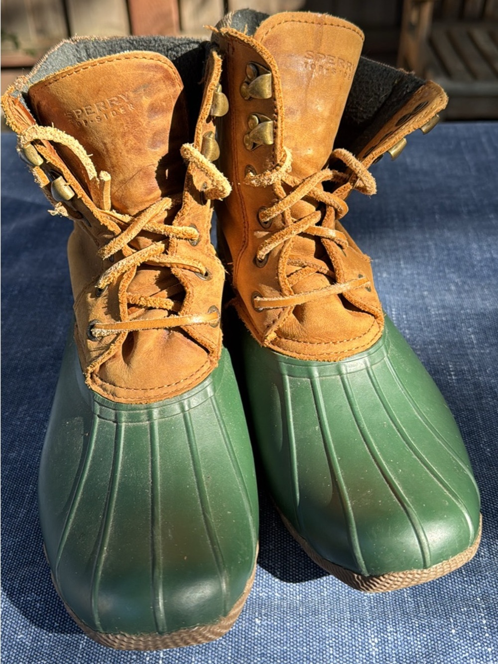 Sperry Tan Leather and Green Rubber Duck Boots